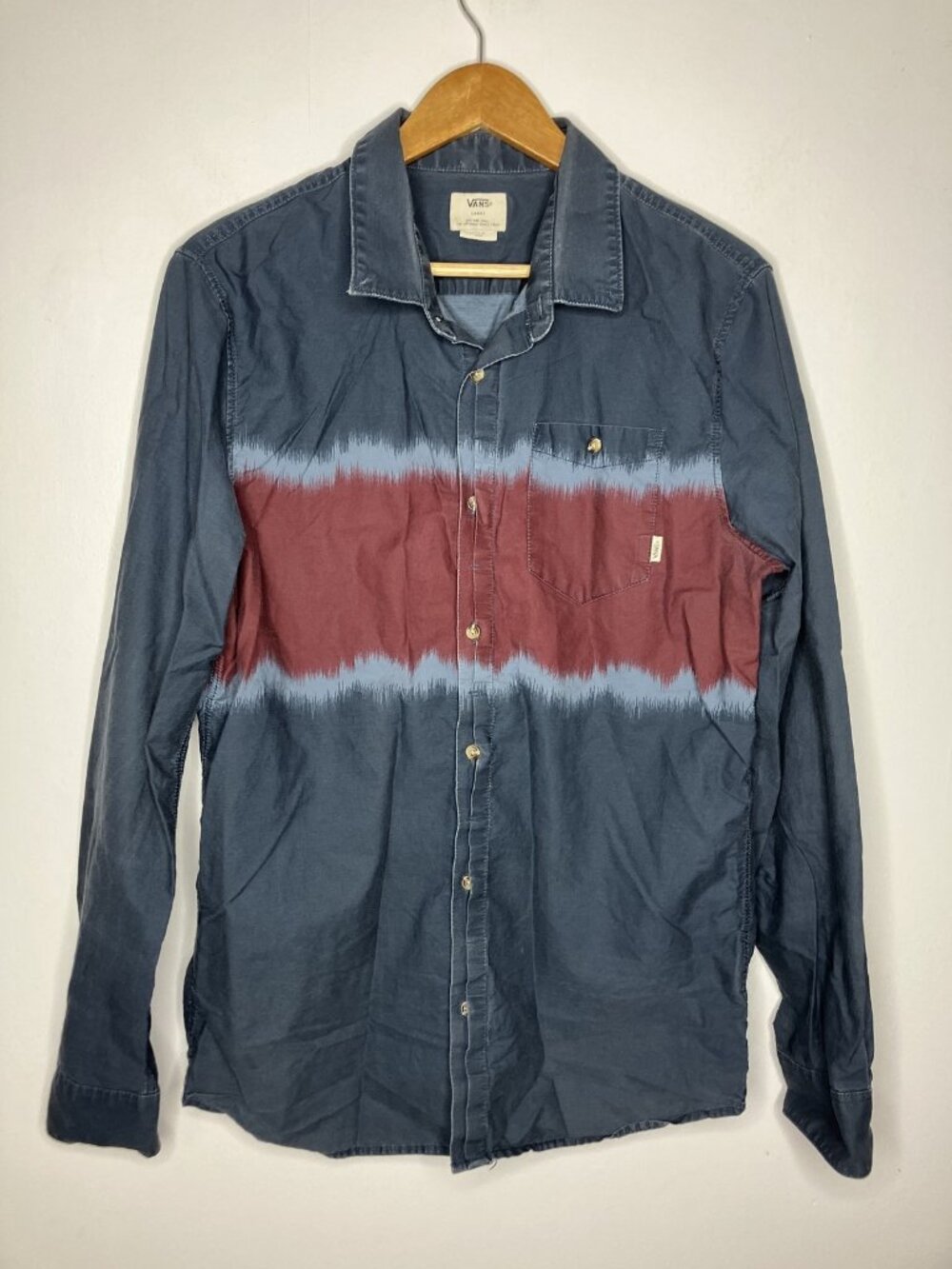 Vans Men's Large Tie-Dye Striped Casual Button-Down Shirt Blue Maroon